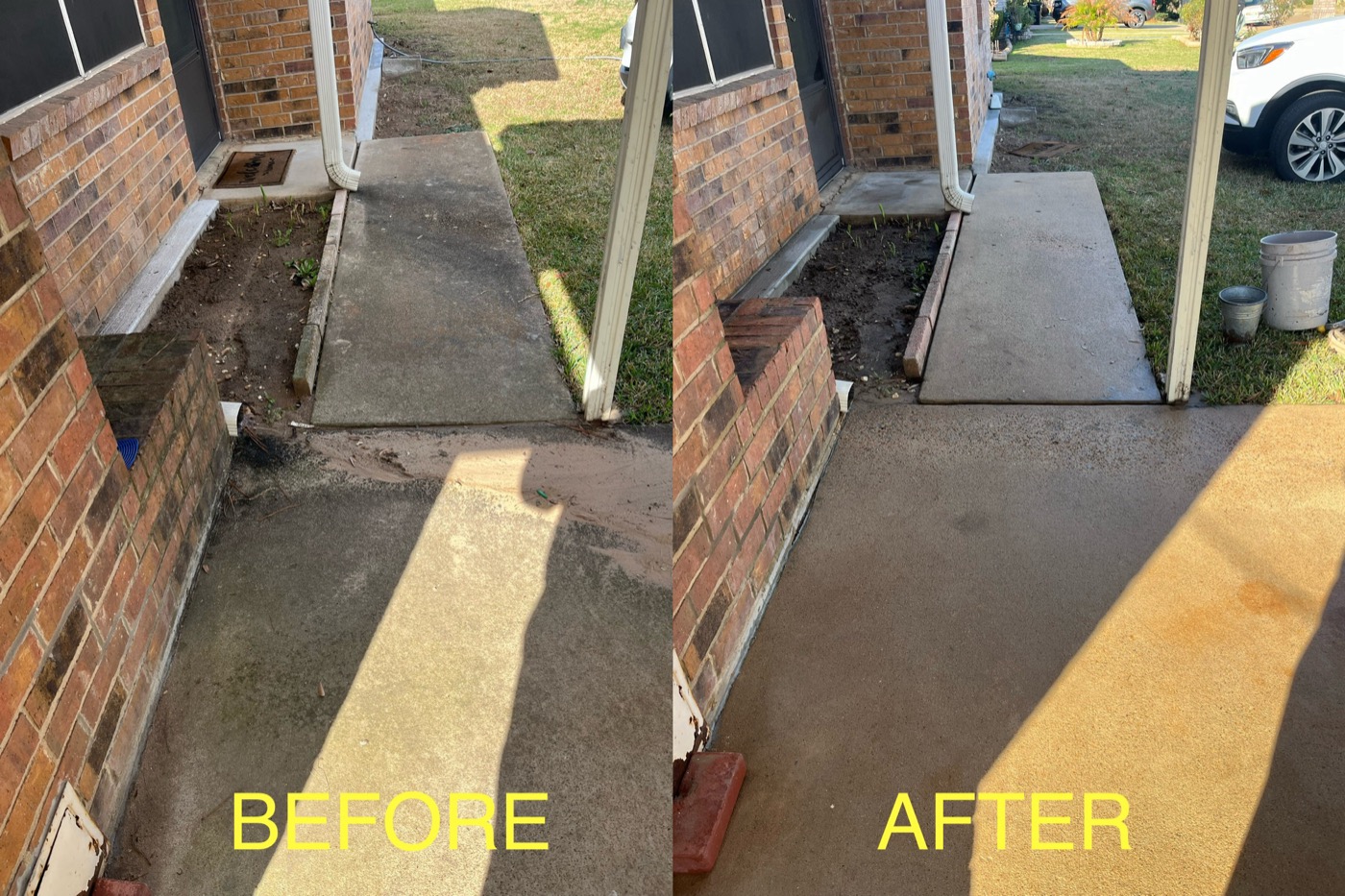 Walkway at brick building — before & after