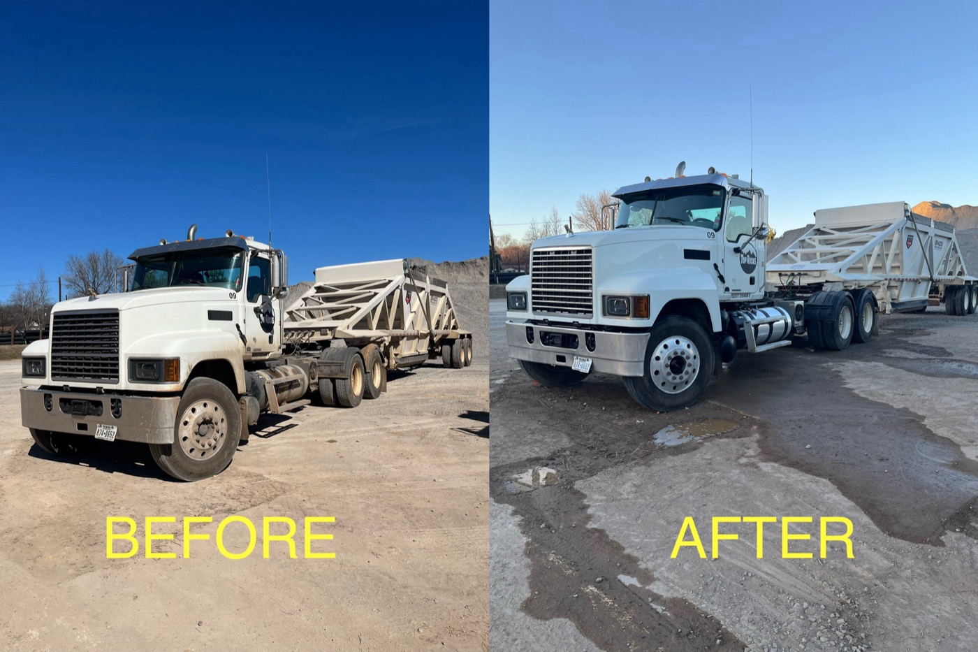 Mack with belly dump trailer — before & after