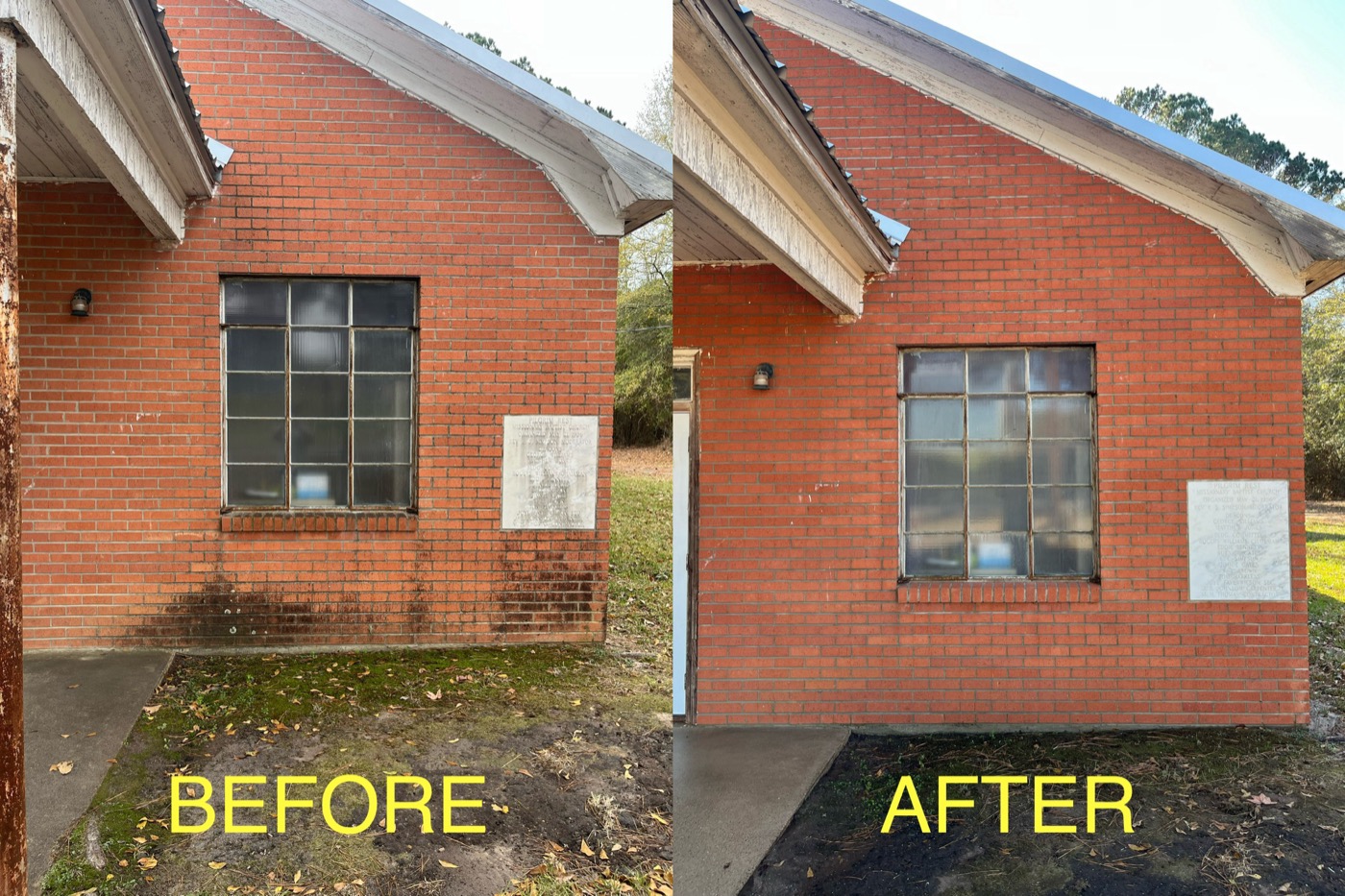 Brick wall washed clean — before & after